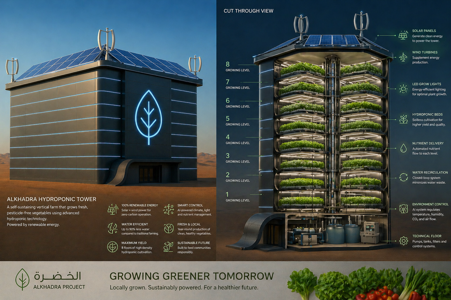 Al Khadra hydroponic tower — exterior render and cut-through view showing 8 growing levels, solar panels, wind turbines, hydroponic beds, nutrient delivery, water recirculation and technical floor