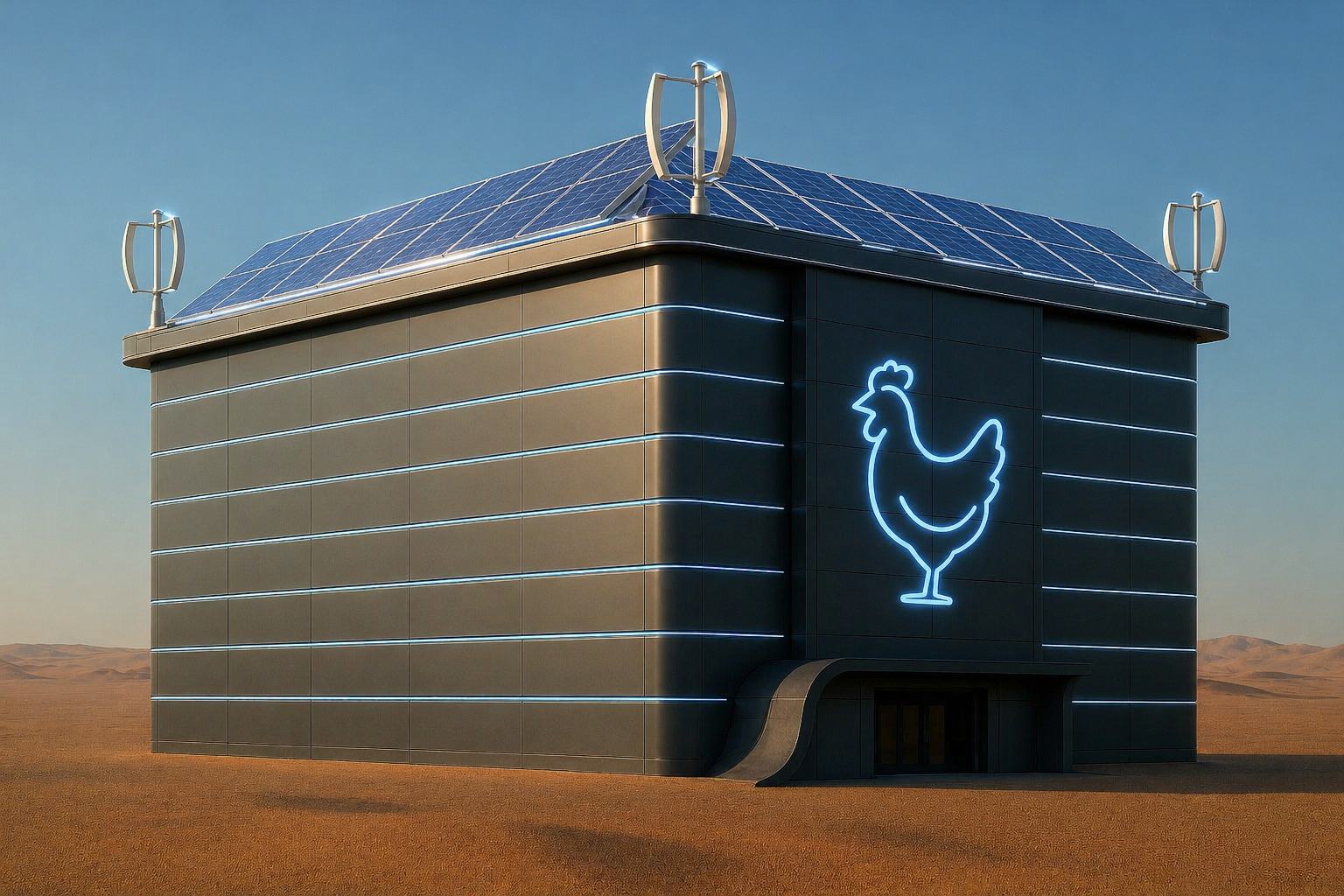 Al Khadra poultry tower exterior — solar roof, integrated wind turbines and illuminated facade in the desert