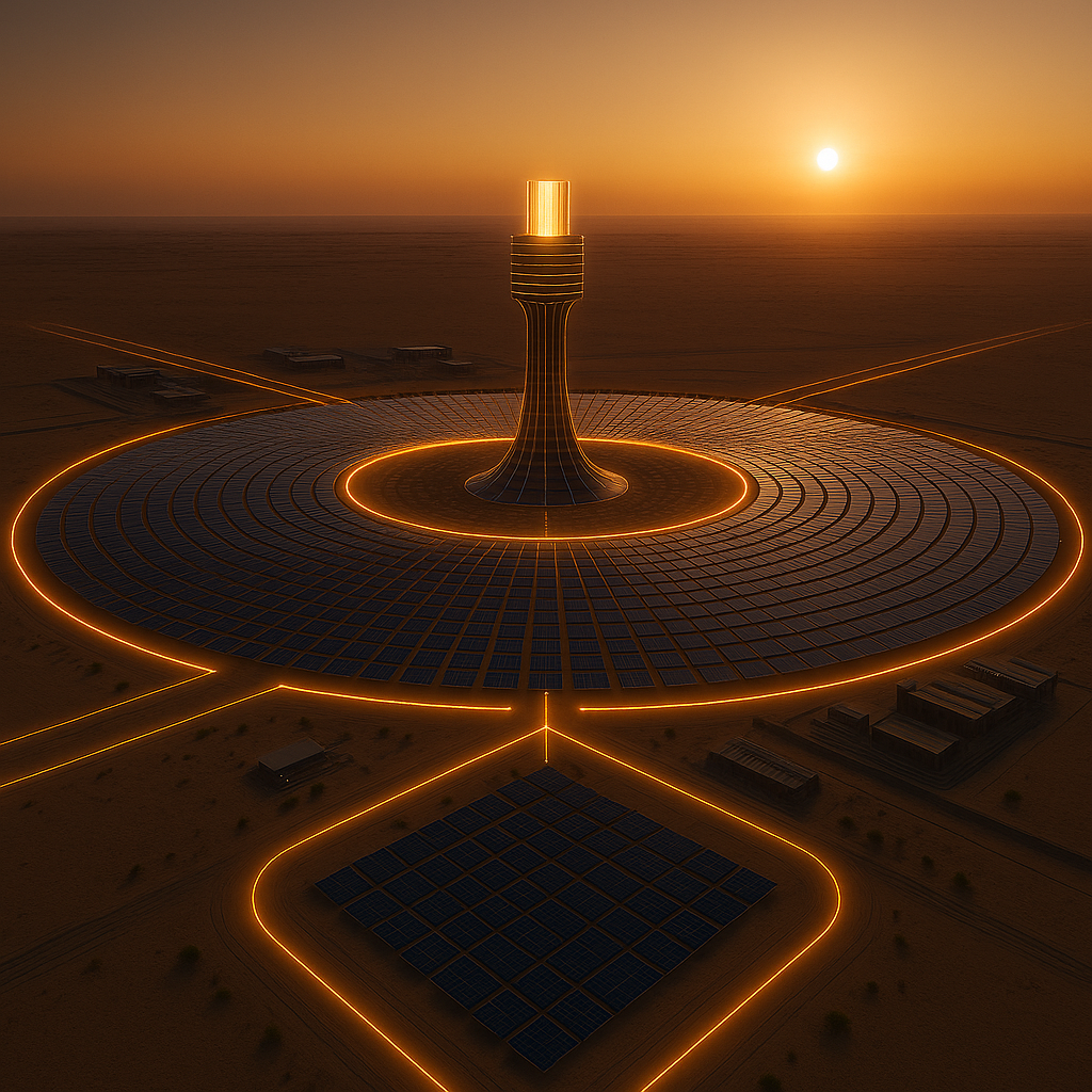 Al Khadra renewable energy mandala — central tower surrounded by a circular solar field with illuminated grid pathways at desert sunset