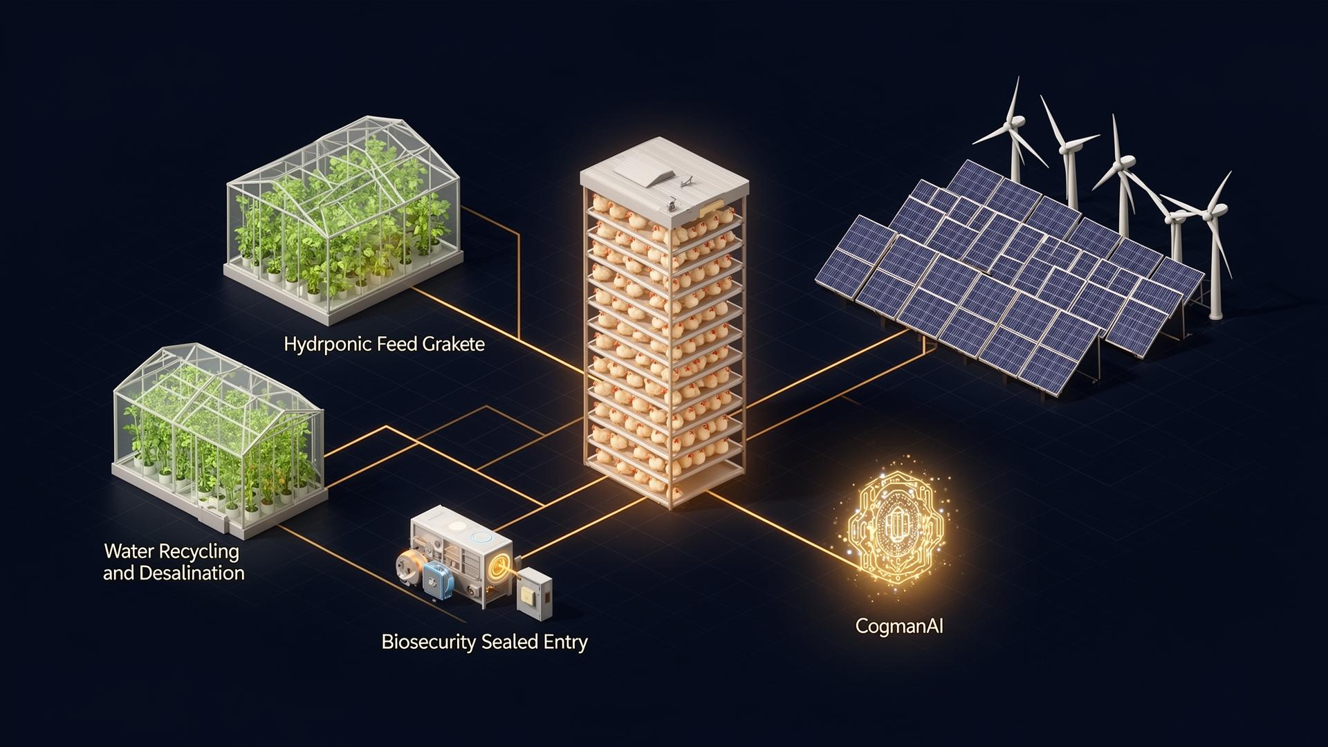 Al Khadra integrated system board showing poultry tower, hydroponic feed, water recycling, renewable energy and Cogman AI