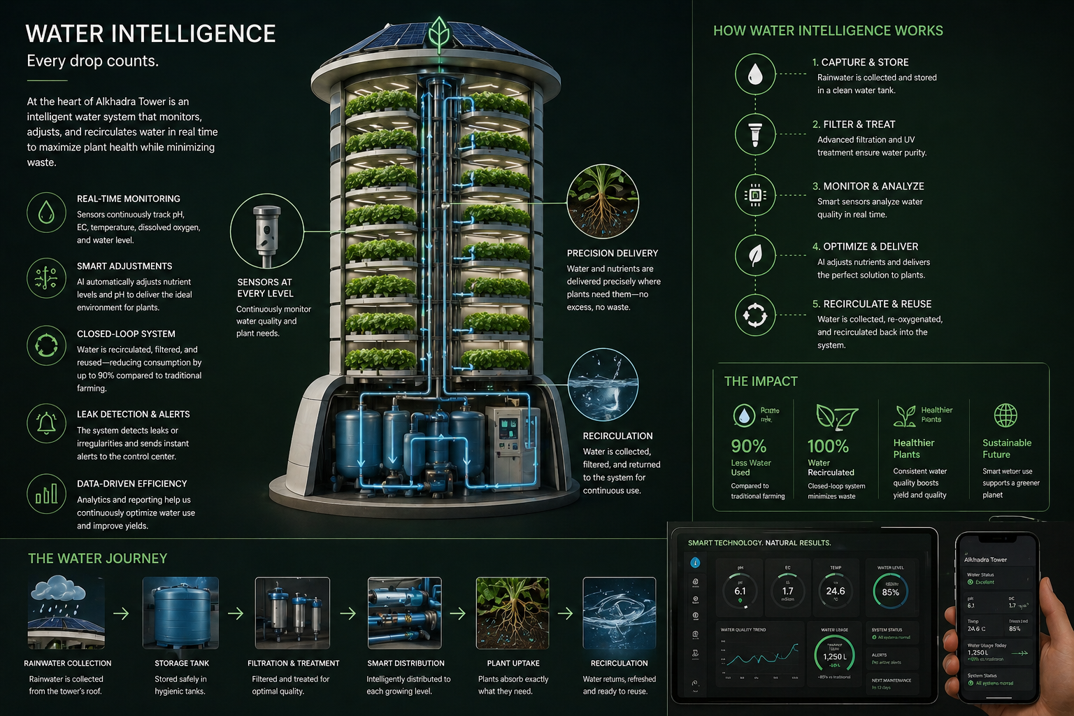 Al Khadra Water Intelligence infographic — real-time monitoring, closed-loop recirculation, filtration, precision delivery, and dashboard view of pH, EC, temperature and water level